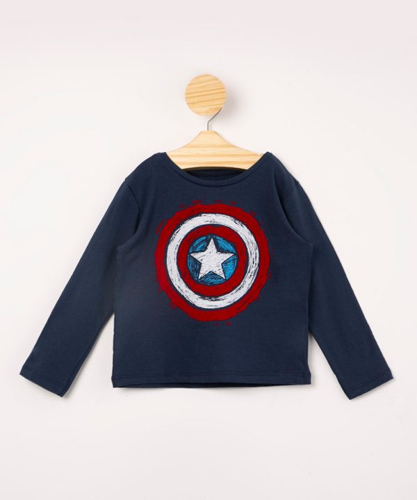 camiseta infantil de algodão manga longa capitão américa azul marinho