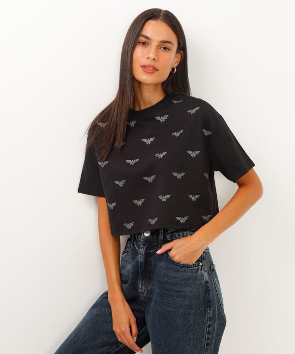 camiseta de algodão cropped mulher maravilha preta