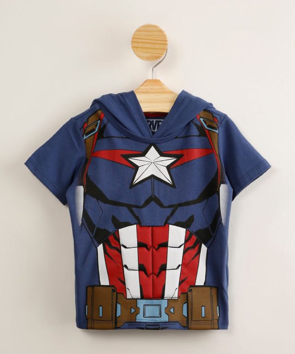 camiseta infantil de algodão capitão américa com capuz e máscara azul marinho